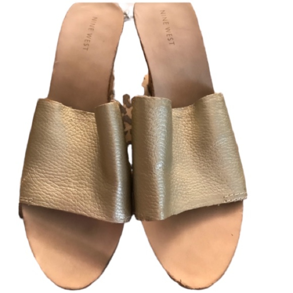 Nine West size 10 metallic gold leather platform cork wedge heel perfect